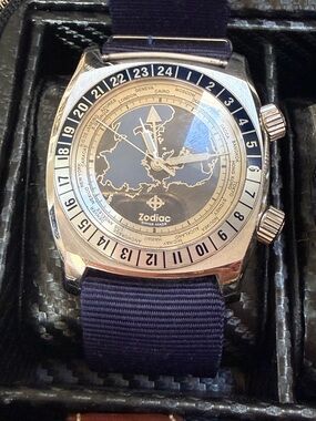 Zodiac World Timer Watch in Navy and Silver-Tone